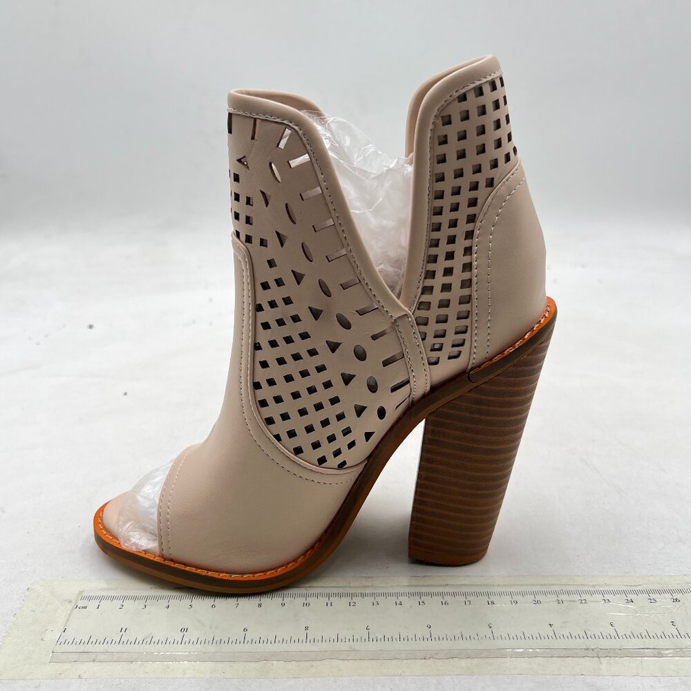 Beige Women's Chic V Cut Peep Toe Chunky Heel Sandals Ankle Boots Cutout Shoe